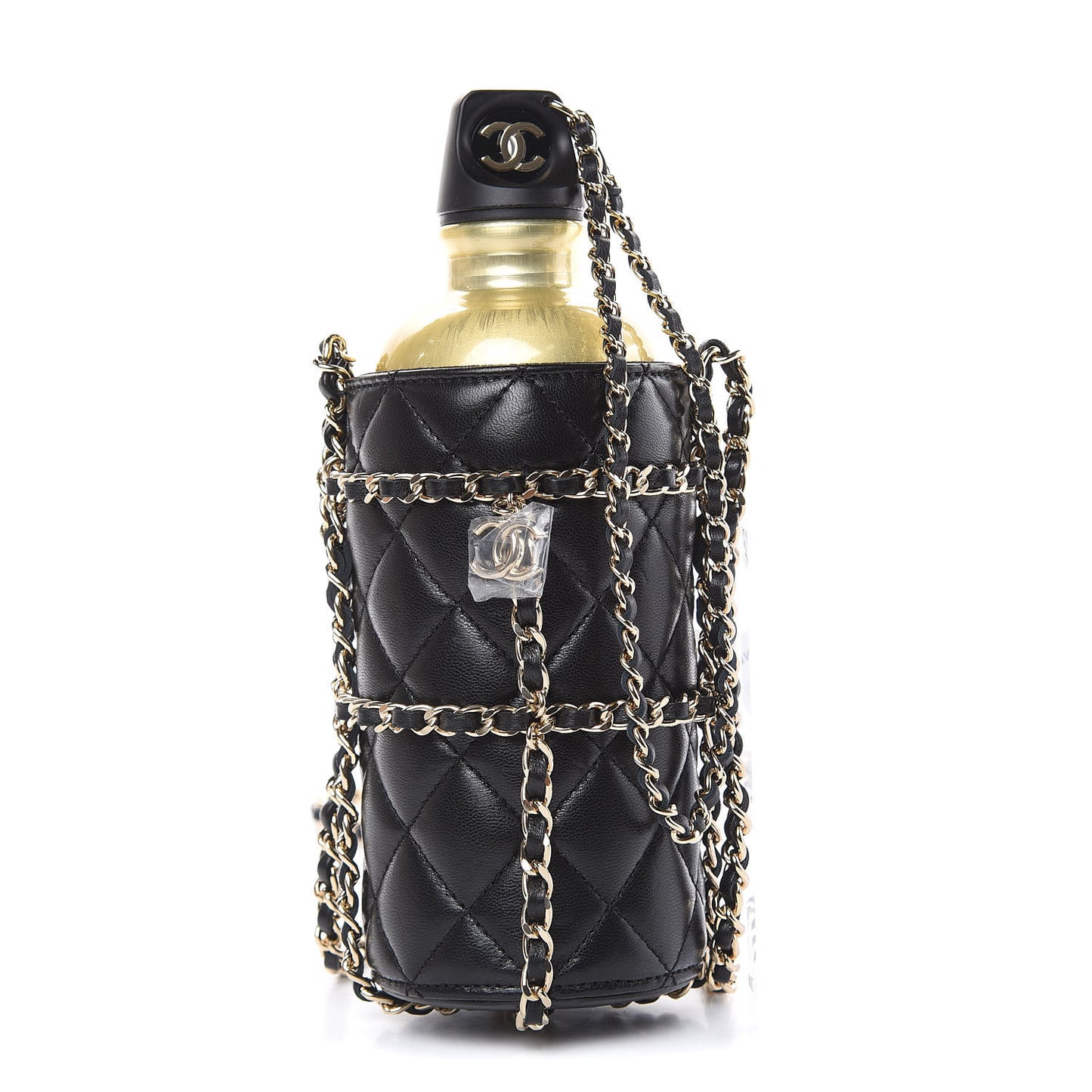 Lambskin Quilted CC To Drink Water Bottle Black Gold
