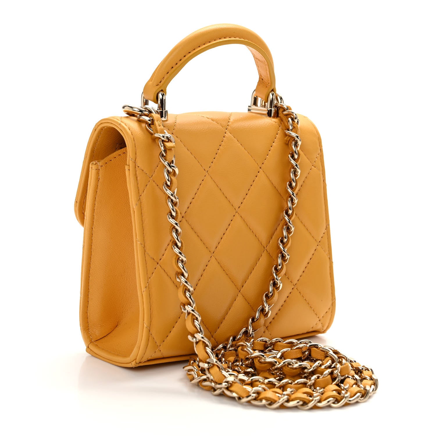 Chanel Lambskin Quilted Top Handle Flap Clutch With Chain Yellow 3 of 12