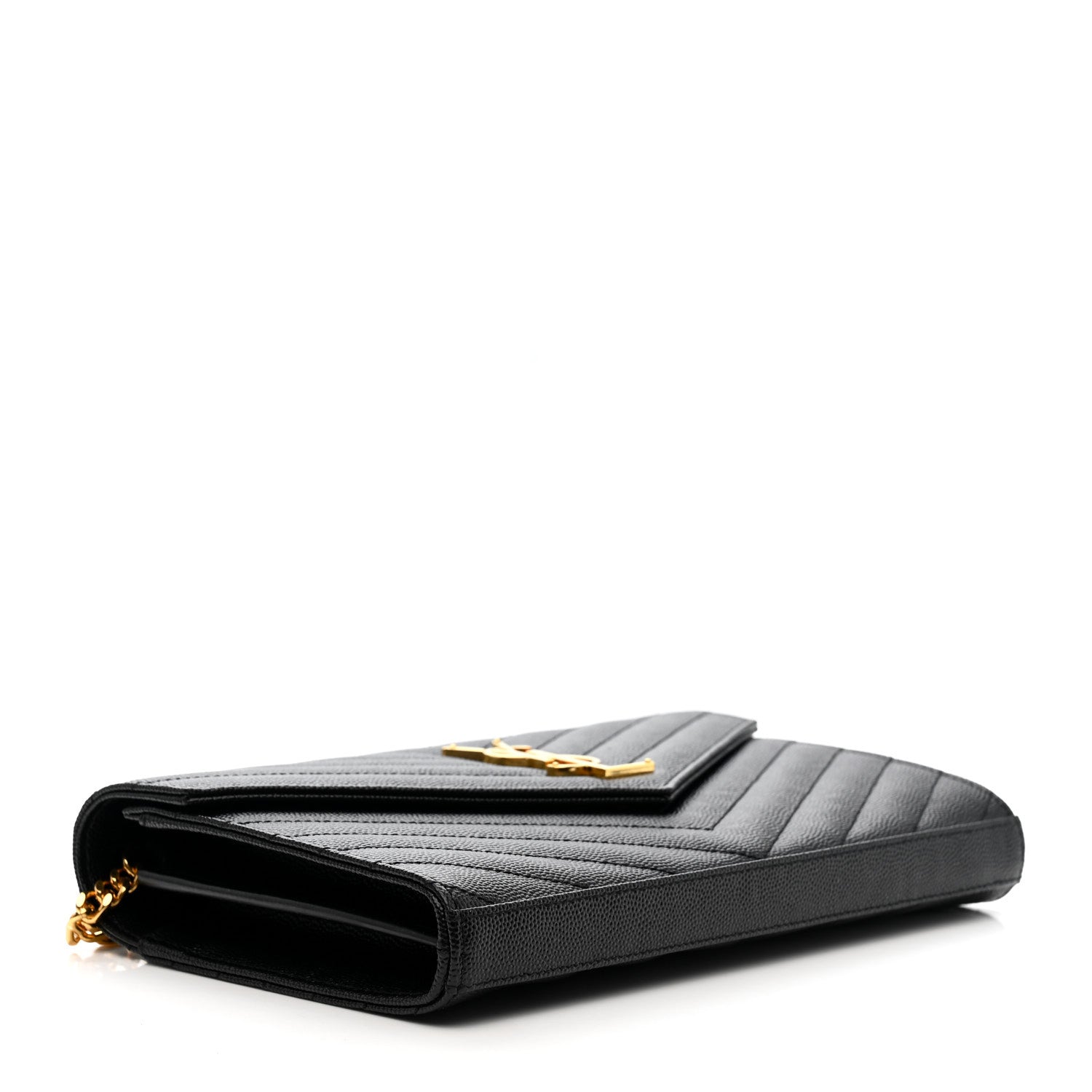Saint Laurent Grain De Poudre Matelasse Chevron Monogram Chain Wallet Black 3 of 9