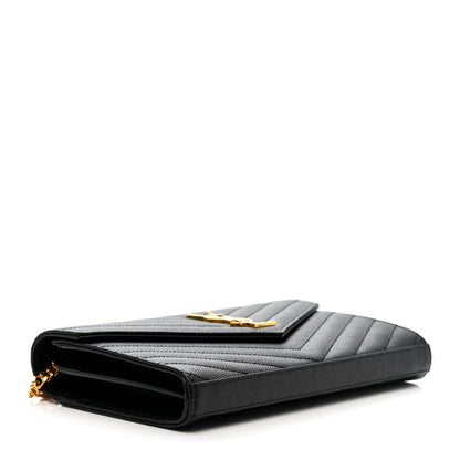 Saint Laurent Grain De Poudre Matelasse Chevron Monogram Chain Wallet Black 3 of 9