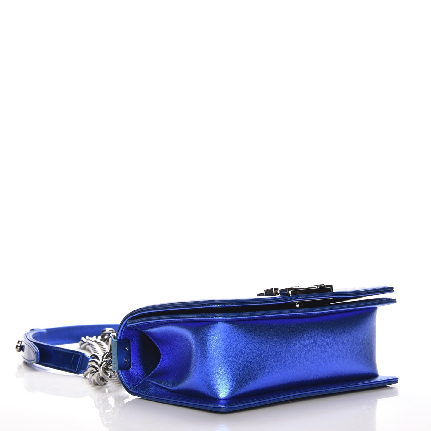 Metallic Patent Calfskin Quilted Small Boy Flap Blue