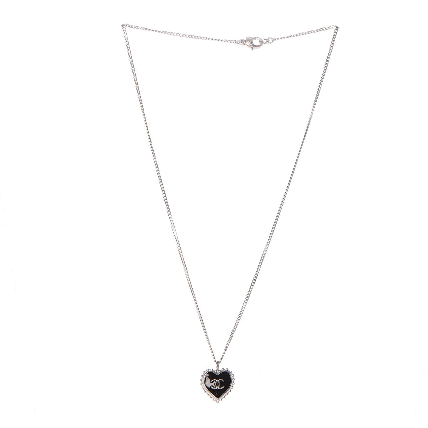 Chanel Enamel Heart CC Charm Necklace Black Silver 3 of 5