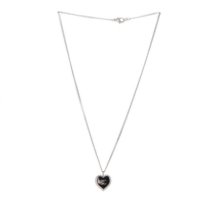Chanel Enamel Heart CC Charm Necklace Black Silver 3 of 5