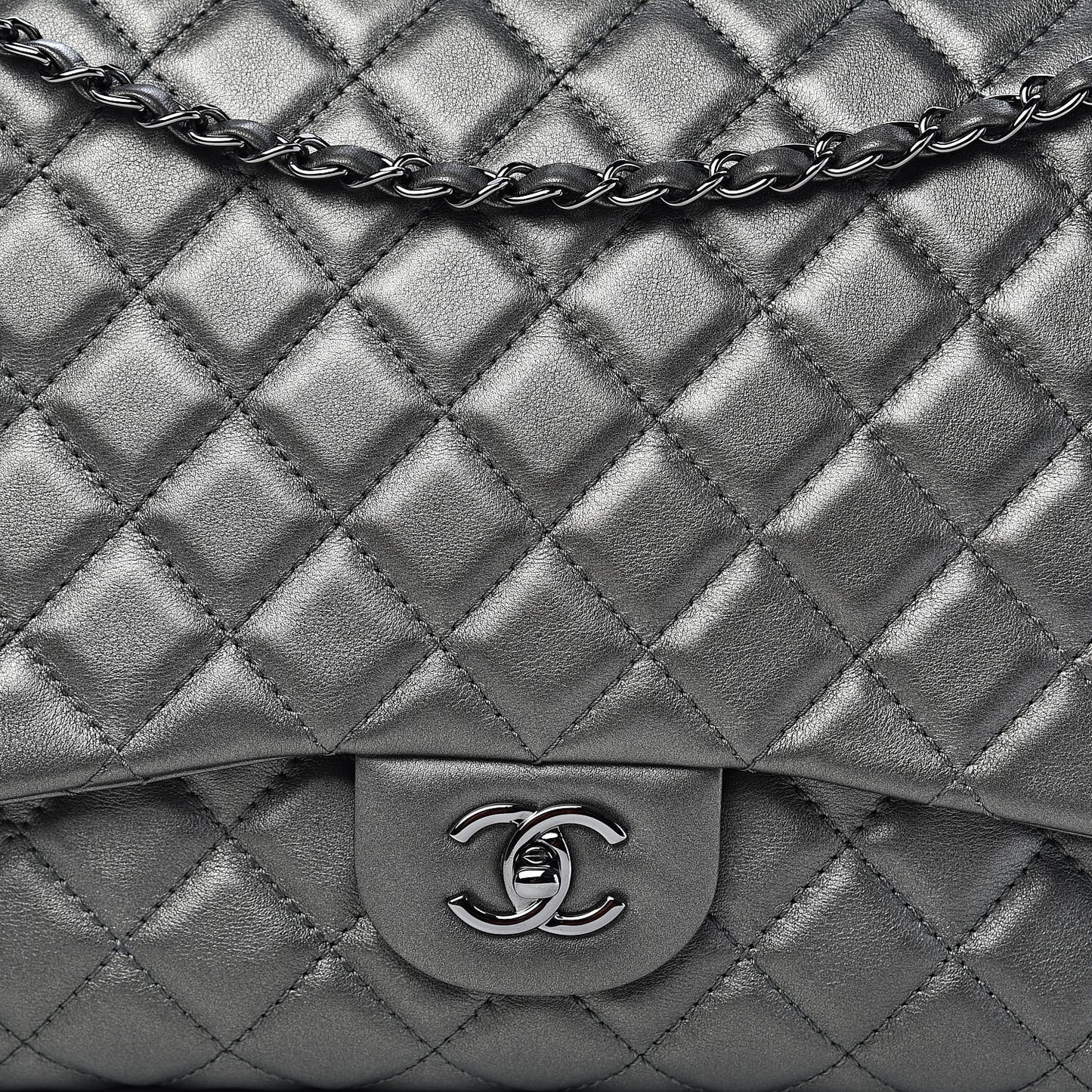 Metallic Calfskin Quilted Small XXL Travel Flap Bag Dark Silver