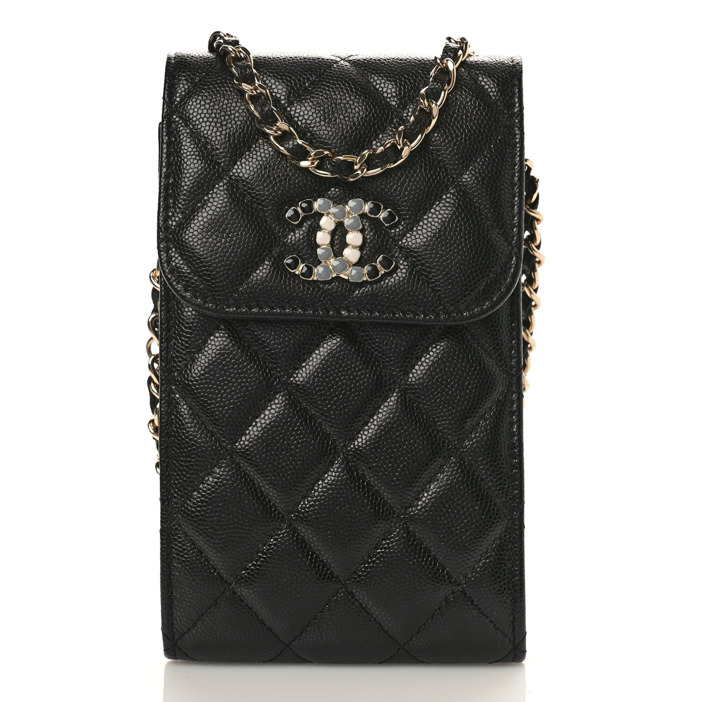 Caviar Quilted Crystal CC Airpods Pro and Phone Case With Chain Black