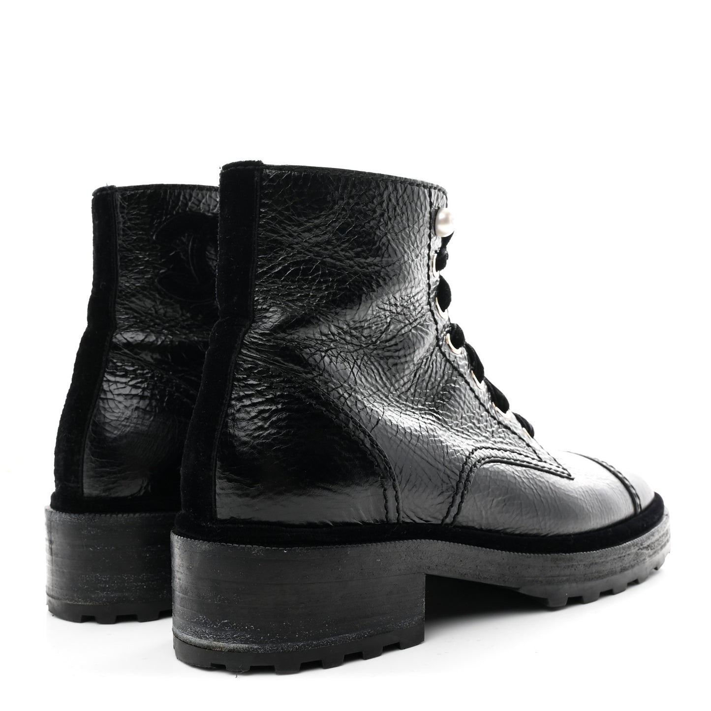 Shiny Calfskin Velvet Pearl Combat Short Boots 39 Black