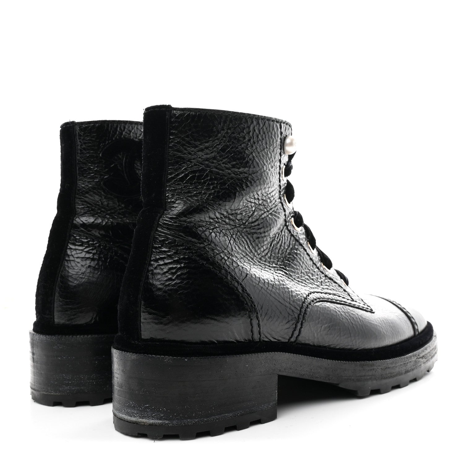 Chanel Shiny Calfskin Velvet Pearl Combat Short Boots 39 Black 5 of 9
