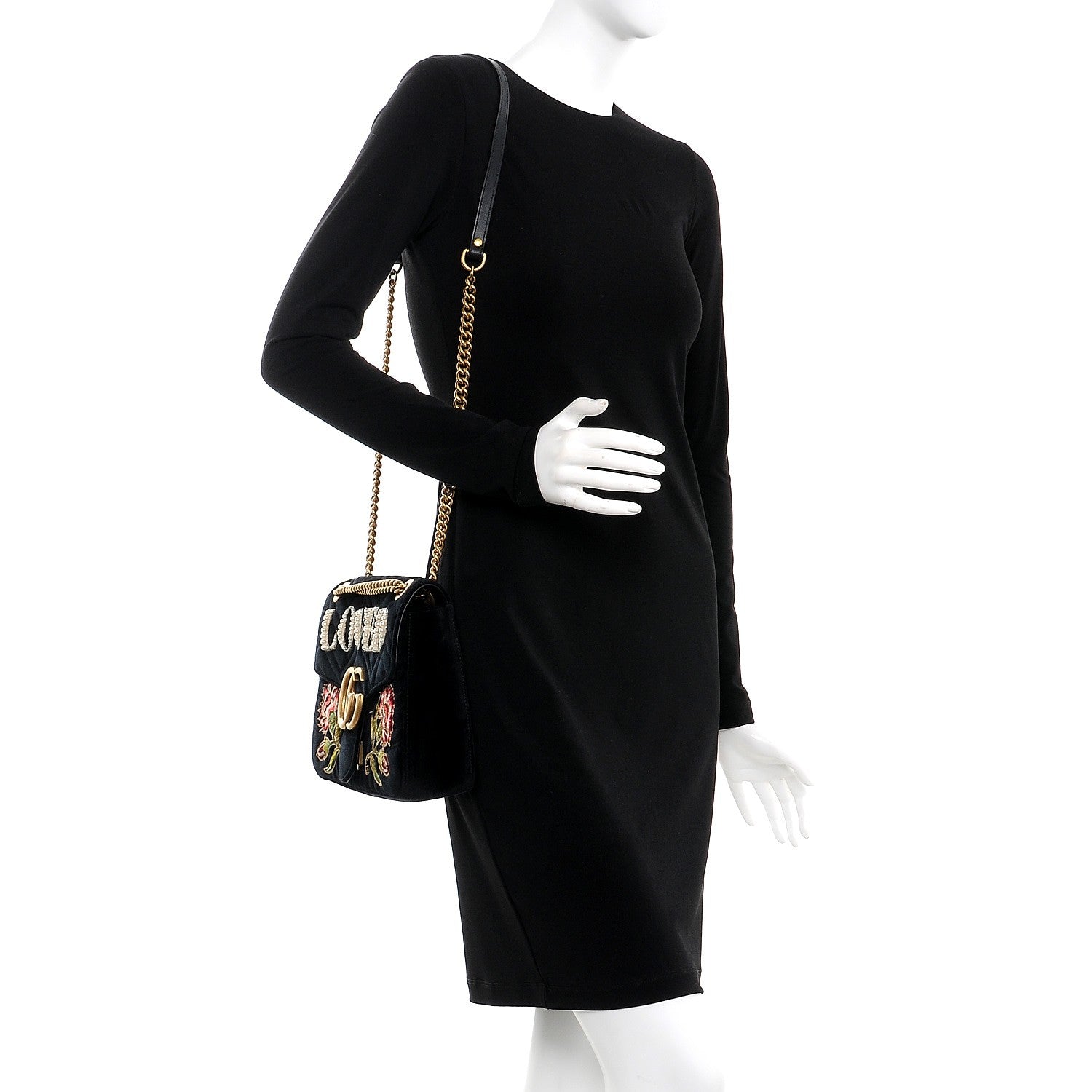 Gucci Velvet Matelasse Loved Embroidered Medium GG Marmont Shoulder Bag Black 2 of 8
