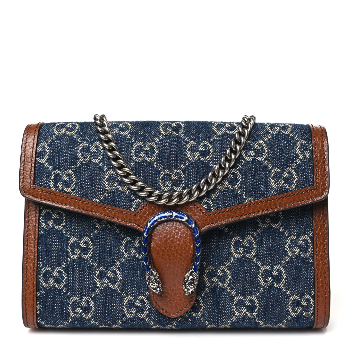 New Denim GG Monogram Dollar Calfskin Enamel Mini Dionysus Chain Wallet Blue Tea Cuir Epilog Electric Blue