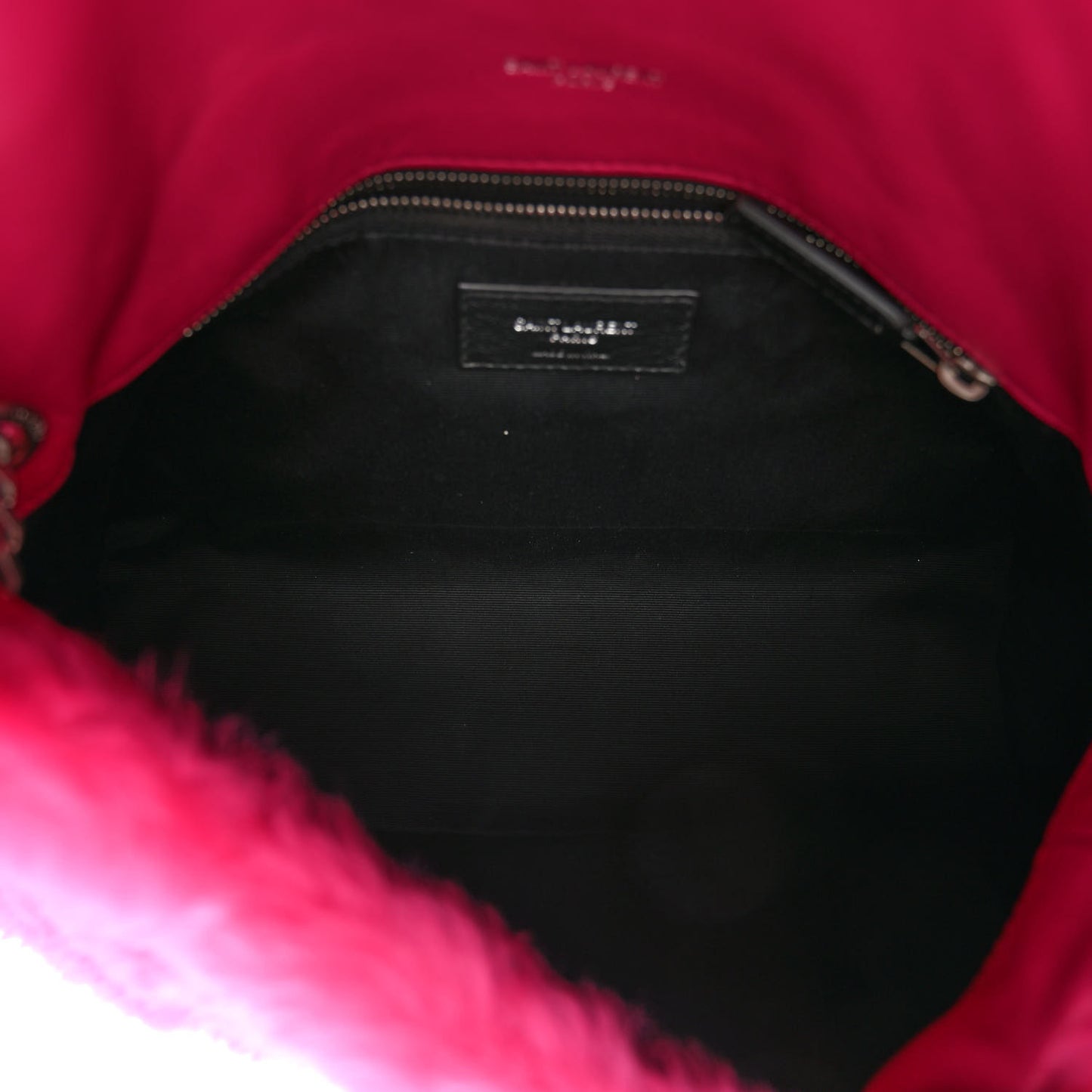 Merino Shearling Lambskin Quilted Small Loulou Puffer Monogram Chain Satchel Fuchsia