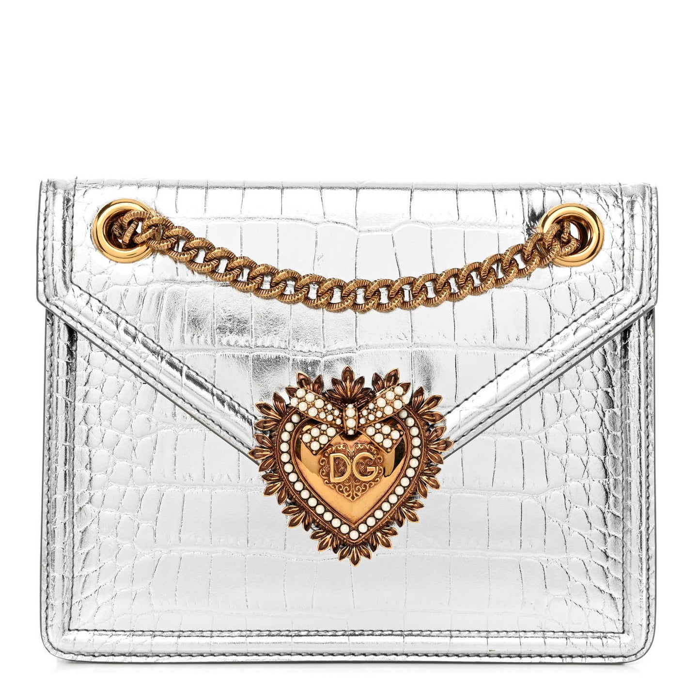 Metallic Calfskin Crocodile Embossed Mini Devotion Envelope Bag Silver