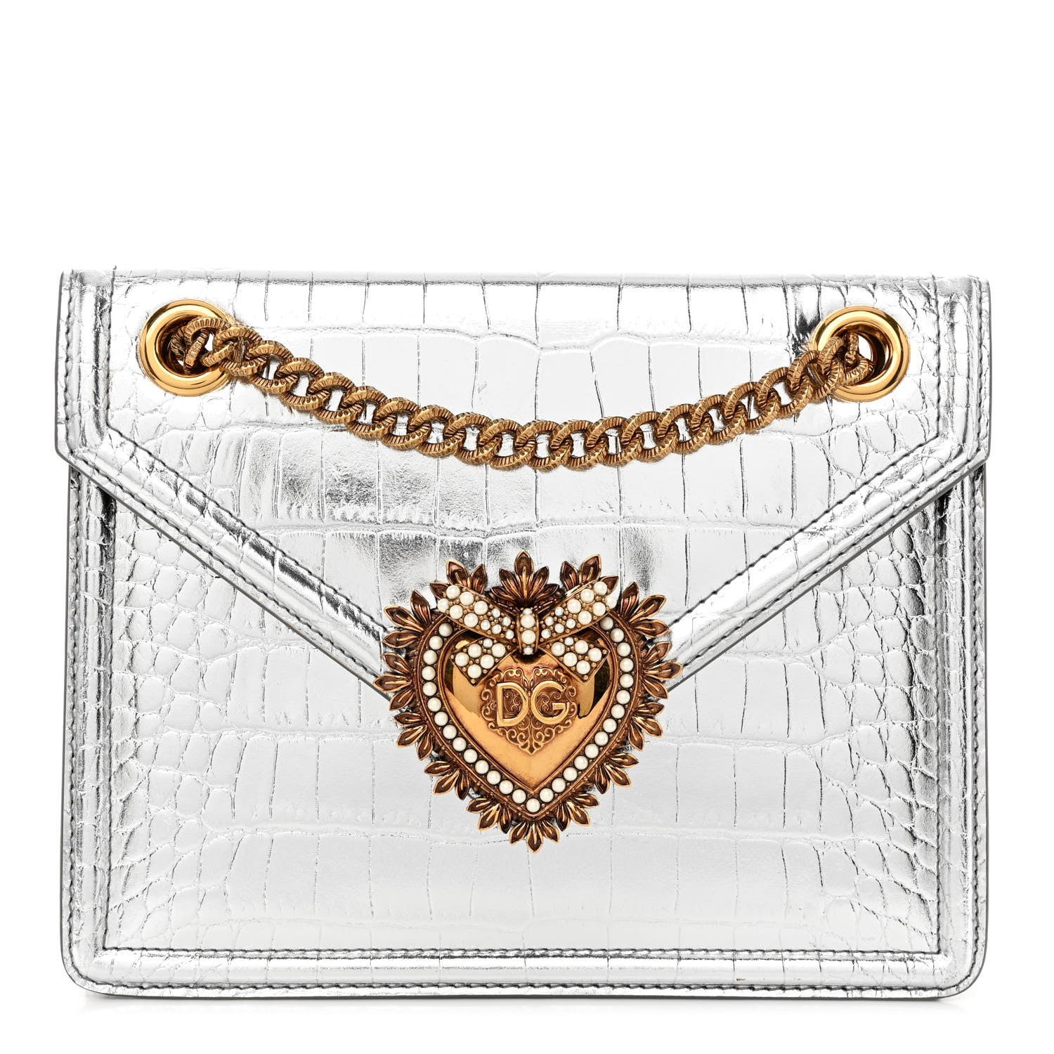 Dolce & Gabbana Metallic Calfskin Crocodile Embossed Mini Devotion Envelope Bag Silver 1 of 9