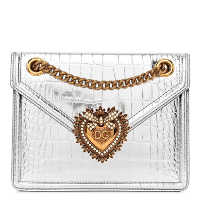 Dolce & Gabbana Metallic Calfskin Crocodile Embossed Mini Devotion Envelope Bag Silver 1 of 9