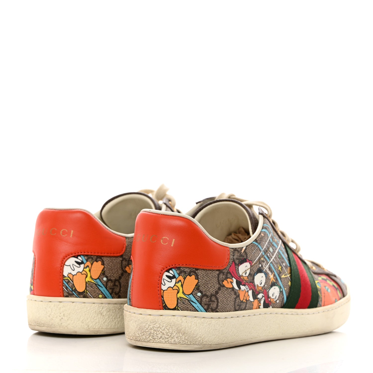 Gucci X DISNEY GG Supreme Monogram Web Donald Duck Womens Ace Sneakers 40 Beige New Acero Orange 4 of 8