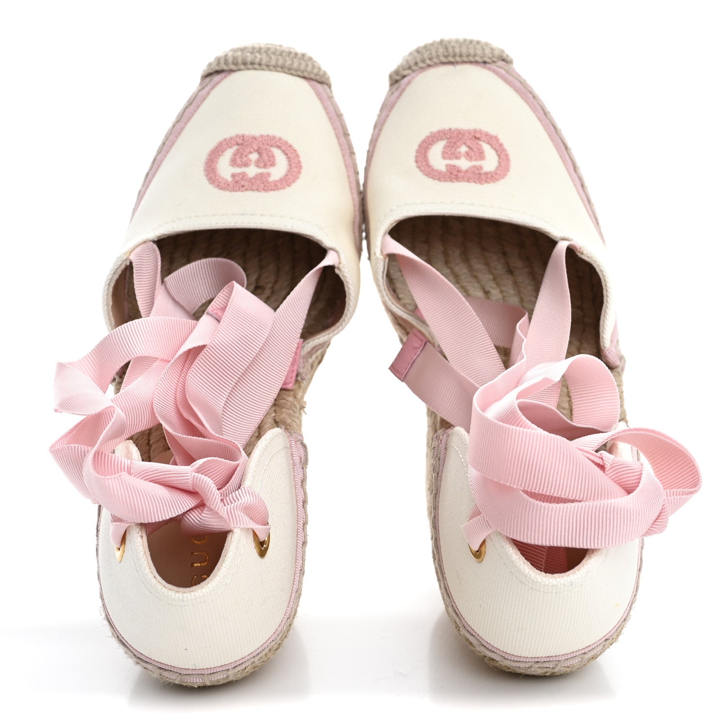 Gucci Canvas Grossgrain Embroidered Judit Ankle Wrap Platform 35/120mm Espadrille Wedges 37 White Shell 2 of 10