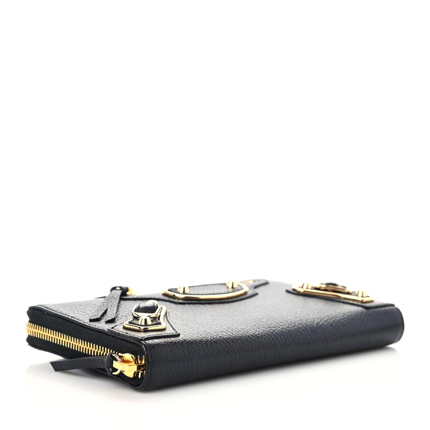 Chevre Gold Metallic Edge Hardware Zip Around Wallet Black