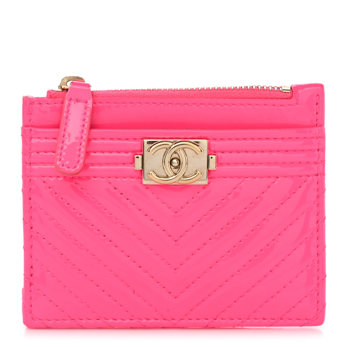 Patent Chevron Quilted Boy Zip Card Holder Neon Pink