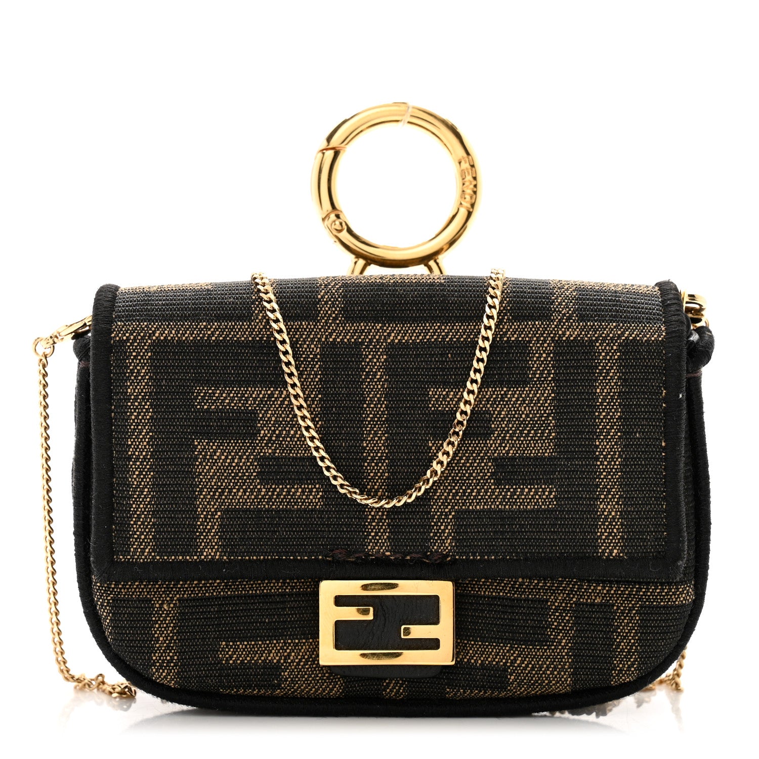 Fendi Fabric Jacquard FF 1974 Nano Baguette Charm Tobacco Moro Black 1 of 10