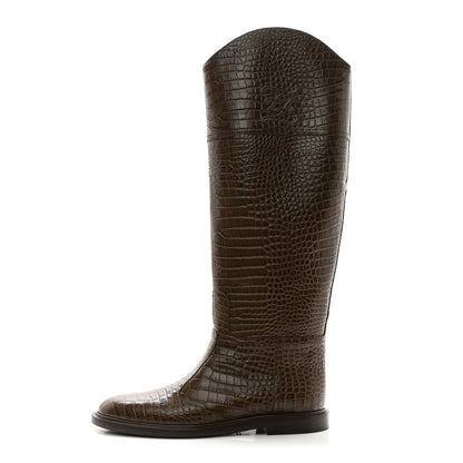 Fendi Calfskin Crocodile Embossed Karligraphy Logo Riding Boots 38 Maya 1 of 7