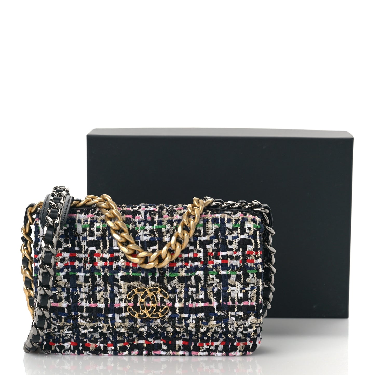 Tweed Quilted Chanel 19 Wallet On Chain WOC Black White Multicolor