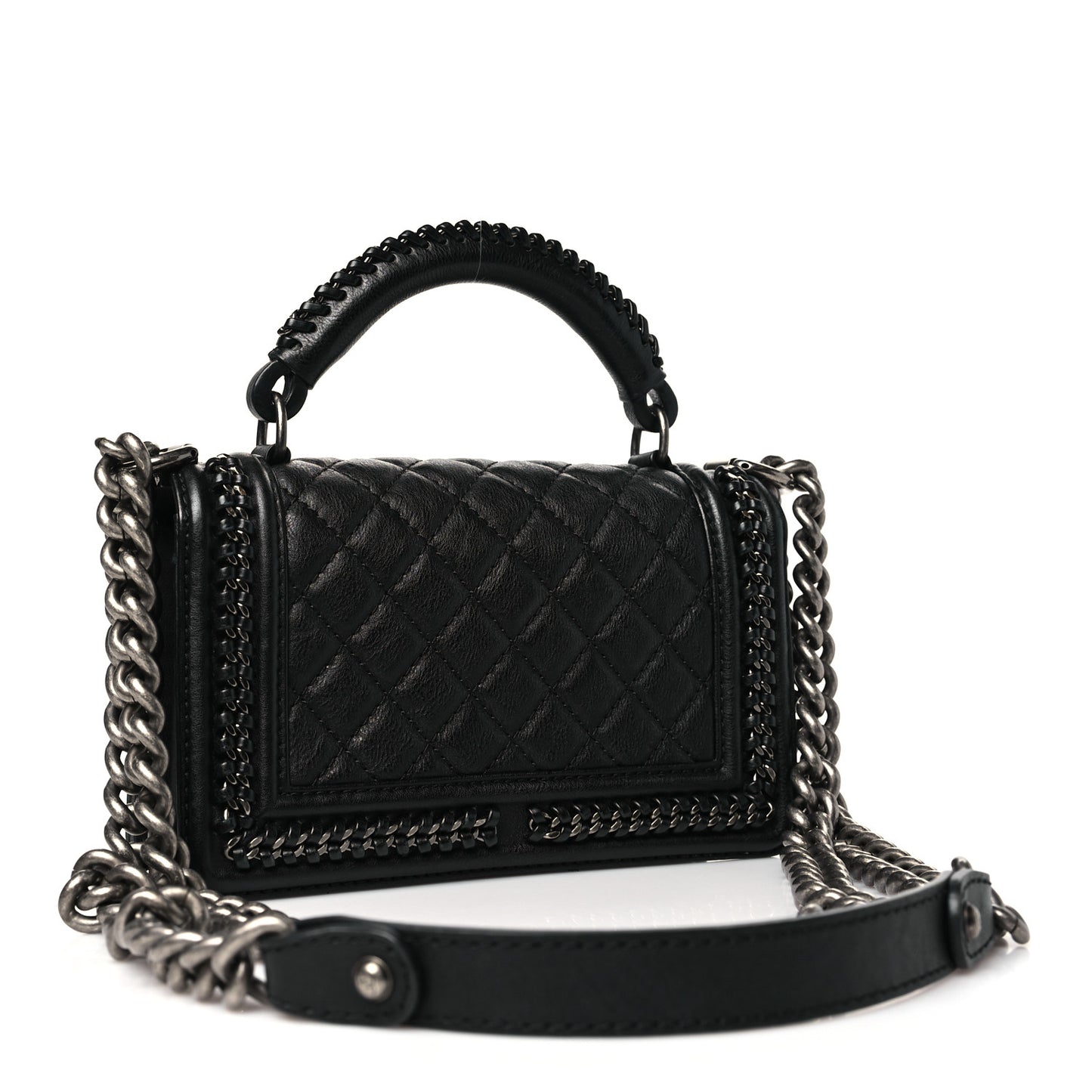 Calfskin Quilted Small Boy Top Handle Flap Black