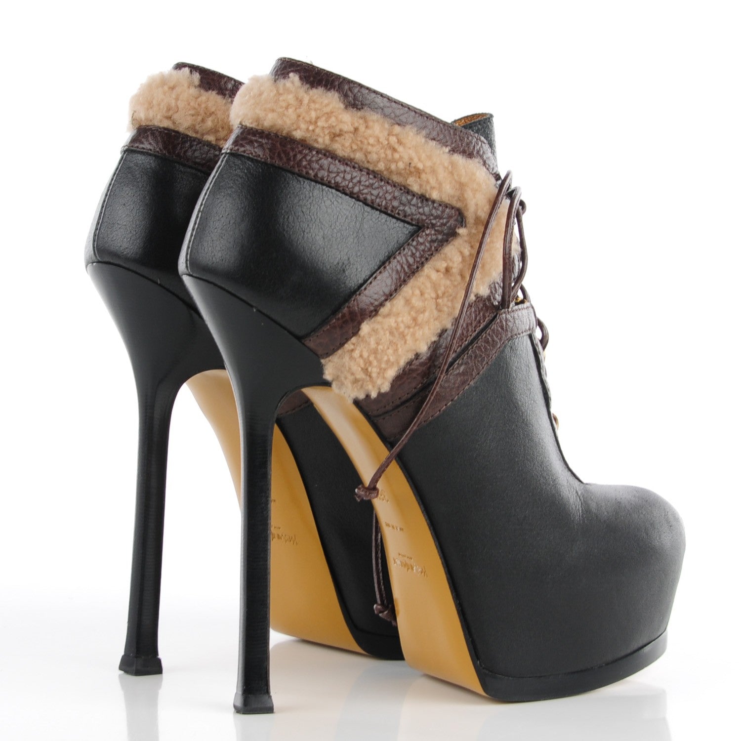 Saint Laurent Leather Shearling Tribtoo 140 Platform Boots 36.5 Black Chocolate 4 of 8