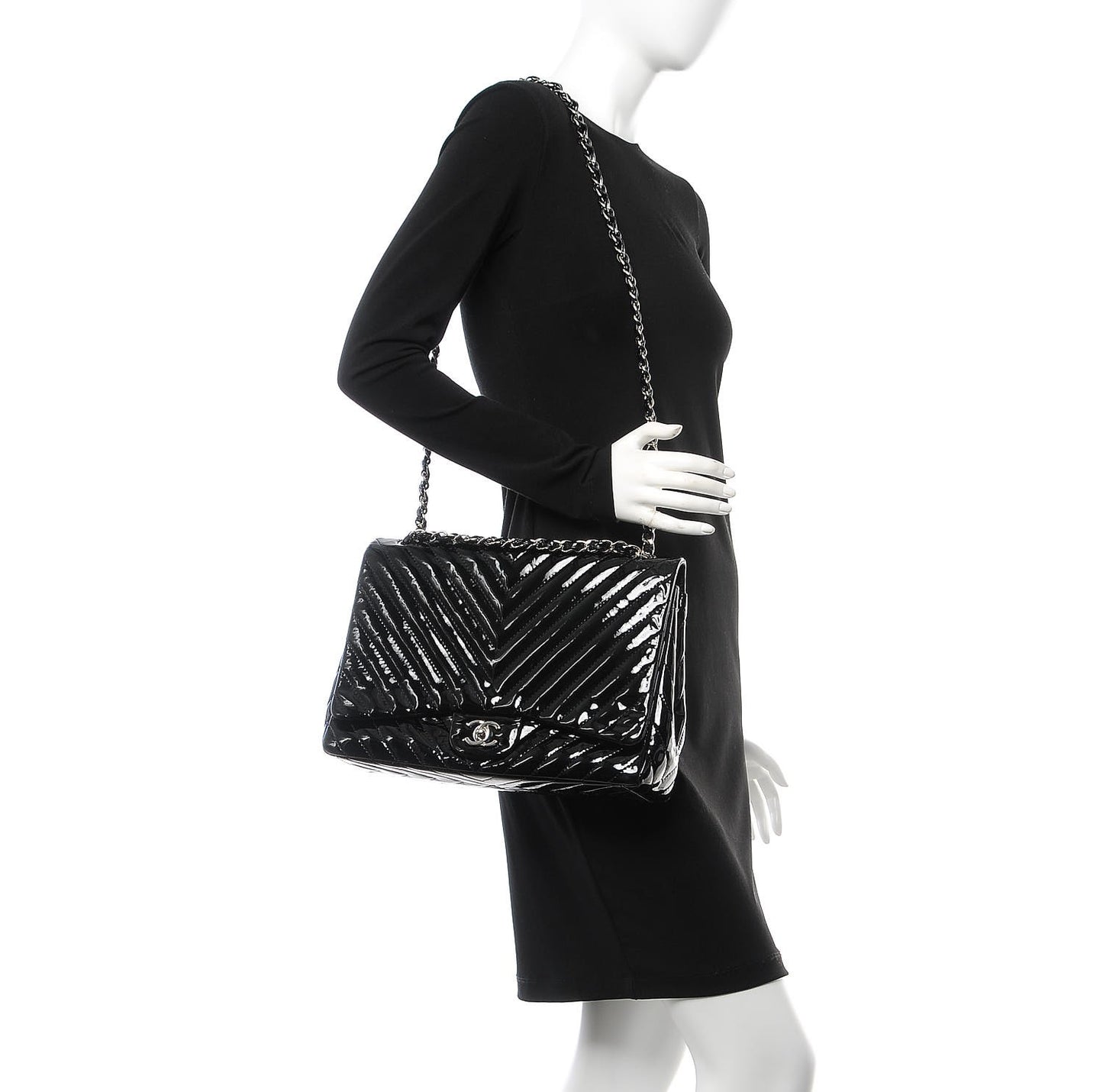 Patent Chevron Quilted Maxi Single Flap Black