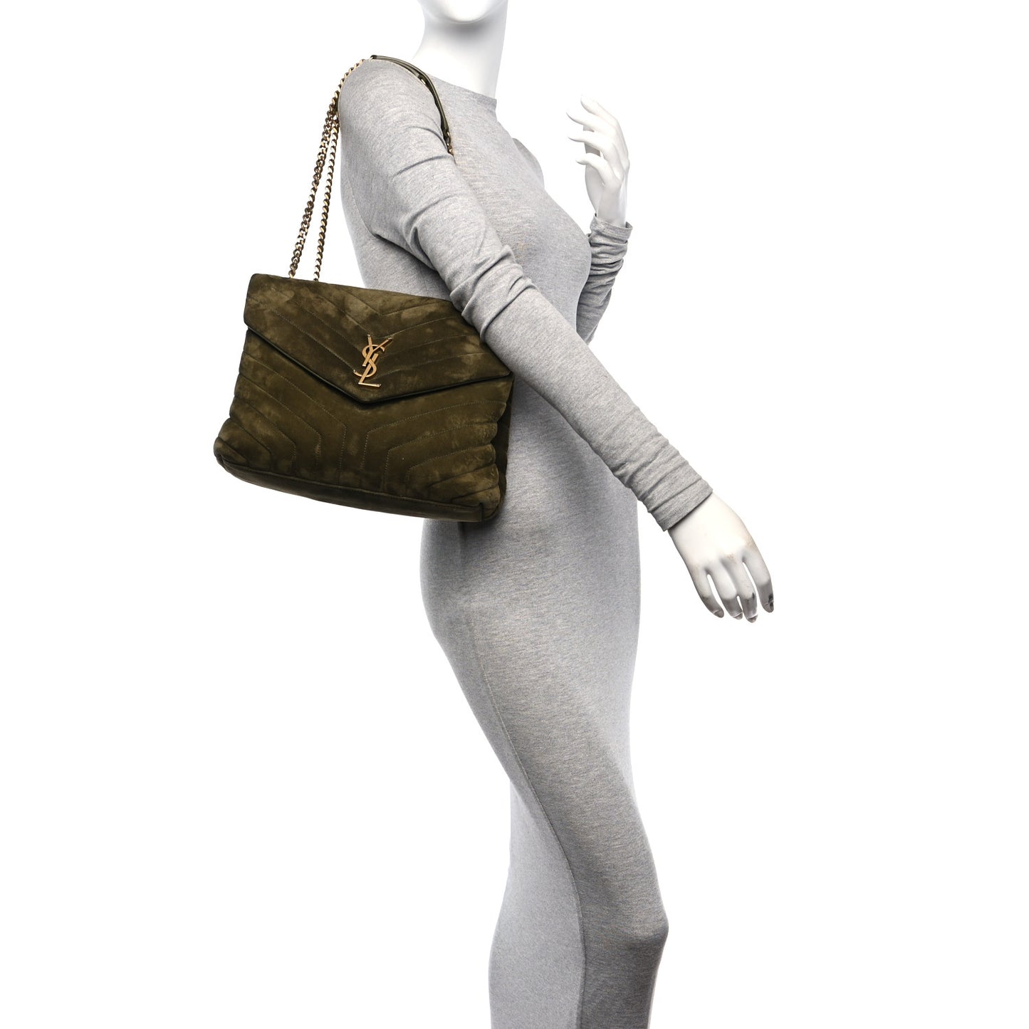 Suede Y Quilted Monogram Medium Loulou Chain Satchel Loden Green