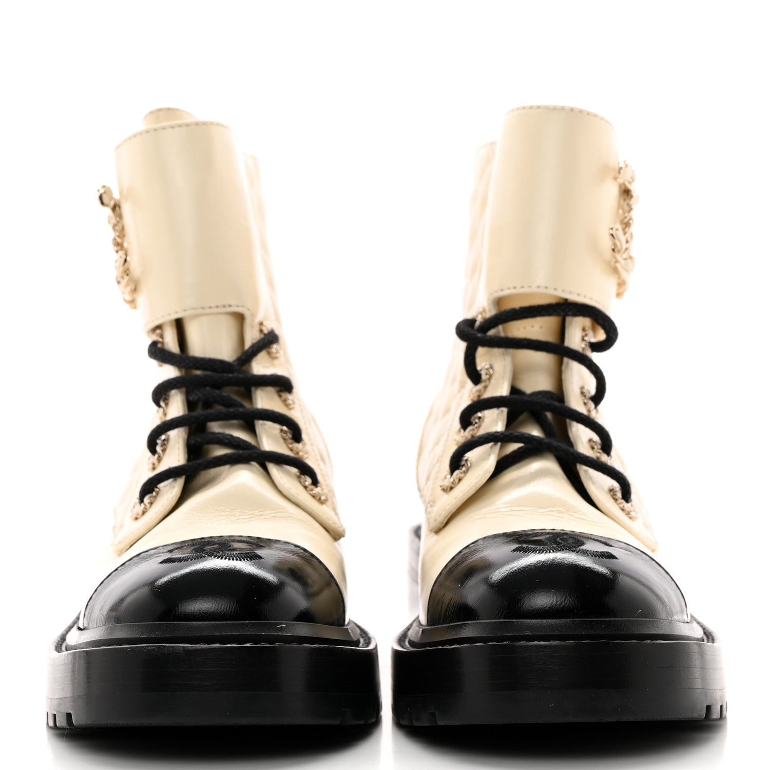 Chanel Shiny Calfskin Quilted Lace Up Combat Boots 37 Ivory Black 2 of 14