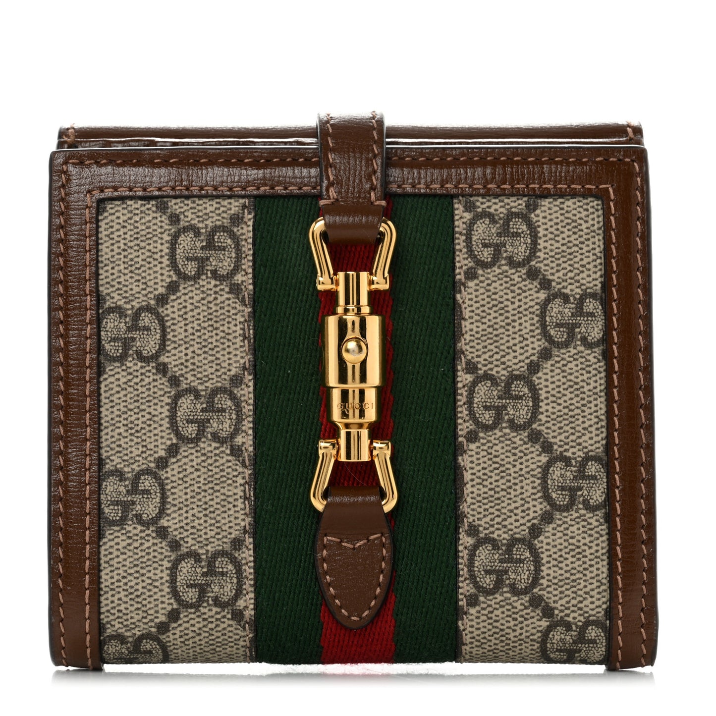 GG Supreme Monogram Textured Calfskin Web Jackie 1961 French Flap Wallet Beige Ebony Brown Sugar