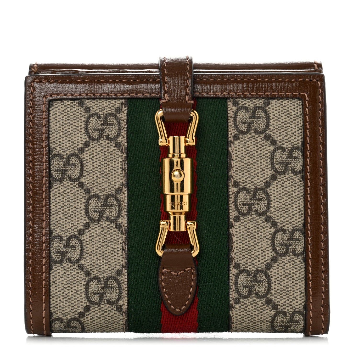 Gucci GG Supreme Monogram Textured Calfskin Web Jackie 1961 French Flap Wallet Beige Ebony Brown Sugar 1 of 9