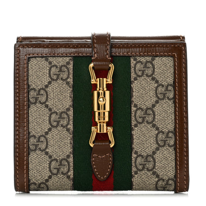 Gucci GG Supreme Monogram Textured Calfskin Web Jackie 1961 French Flap Wallet Beige Ebony Brown Sugar 1 of 9