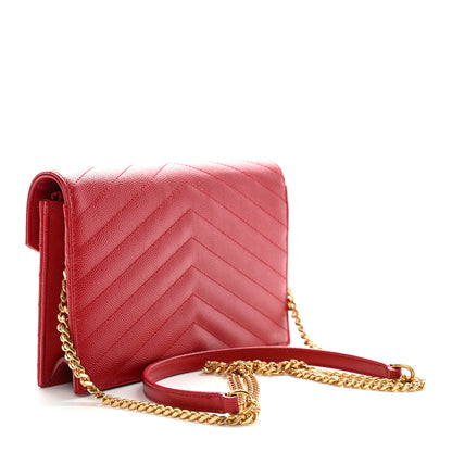 Saint Laurent Grain De Poudre Matelasse Chevron Monogram Envelope Chain Wallet New Red 3 of 10