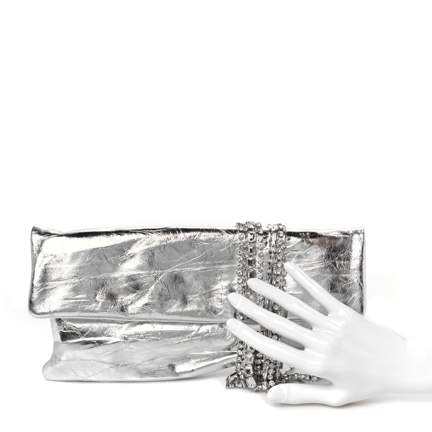 Vintage Metallic Calfskin Crystal Zandra Clutch Bag Silver