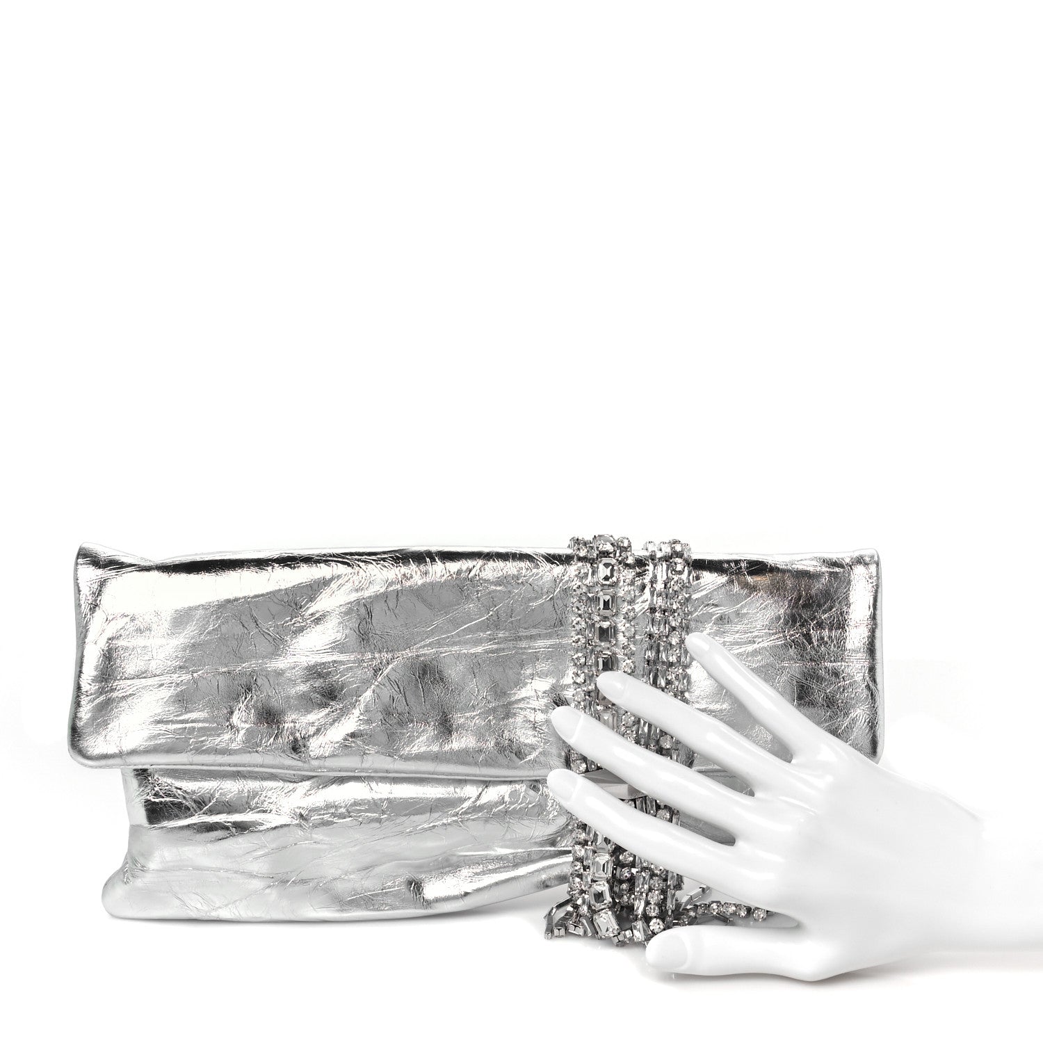 Jimmy Choo Vintage Metallic Calfskin Crystal Zandra Clutch Bag Silver 2 of 10