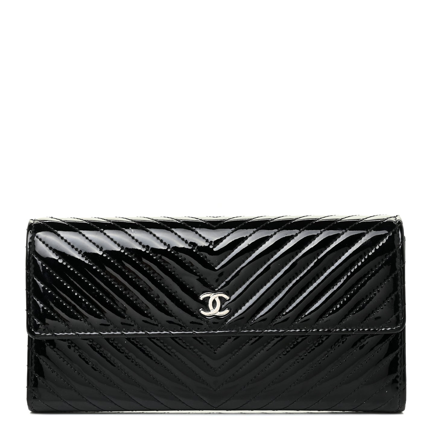 Patent Chevron Quilted Large Gusset Flap Wallet Black