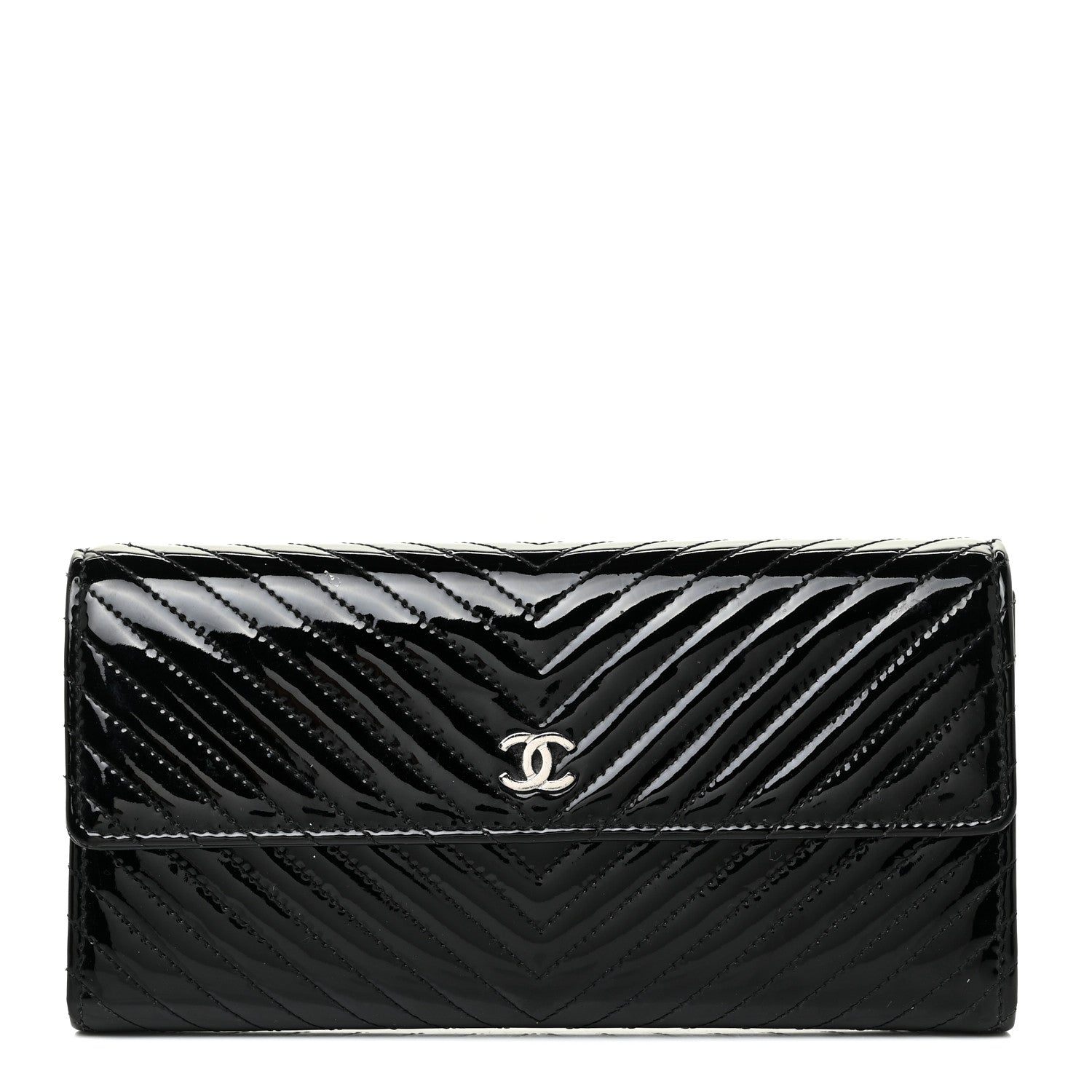 Chanel Patent Chevron Quilted Large Gusset Flap Wallet Black 2 of 21