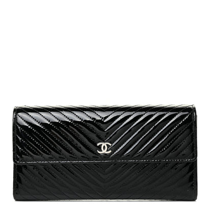 Chanel Patent Chevron Quilted Large Gusset Flap Wallet Black 2 of 21