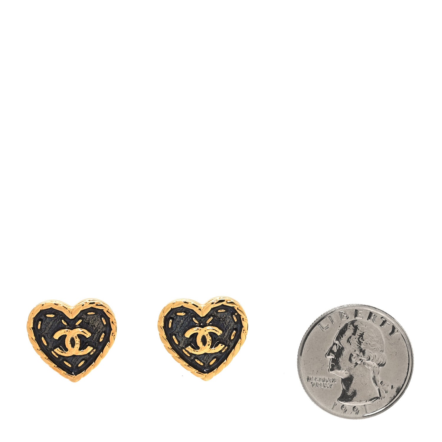 Chanel Metal Enamel CC Denim Heart Earrings Gold Blue 2 of 5