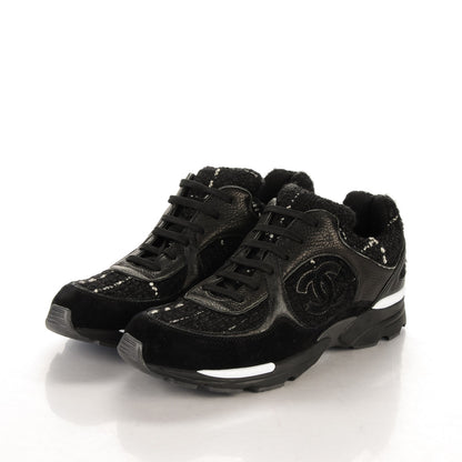 Chanel Tweed Suede Goatskin CC Sneakers 39.5 Black White 3 of 6