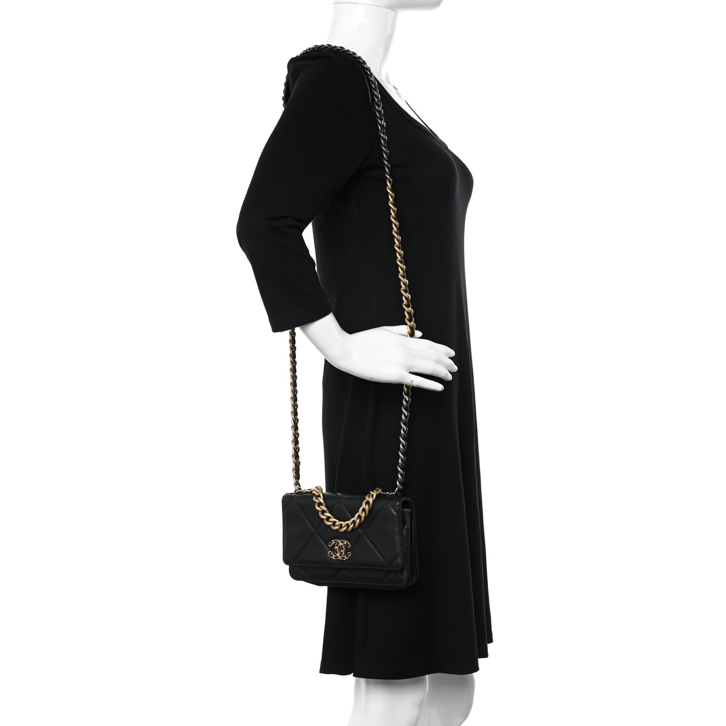 Shiny Goatskin Quilted Chanel 19 Wallet On Chain WOC Black