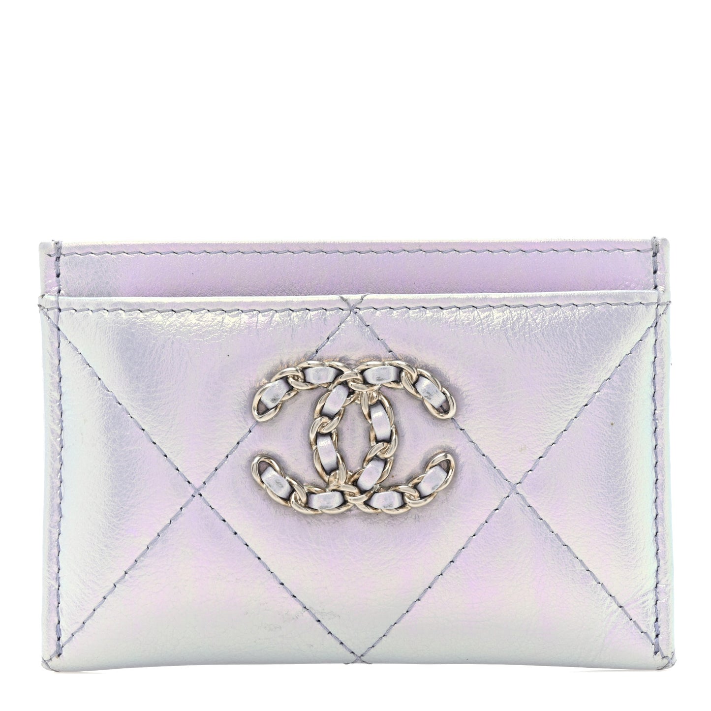 Iridescent Calfskin Quilted Chanel 19 Card Holder Light Purple