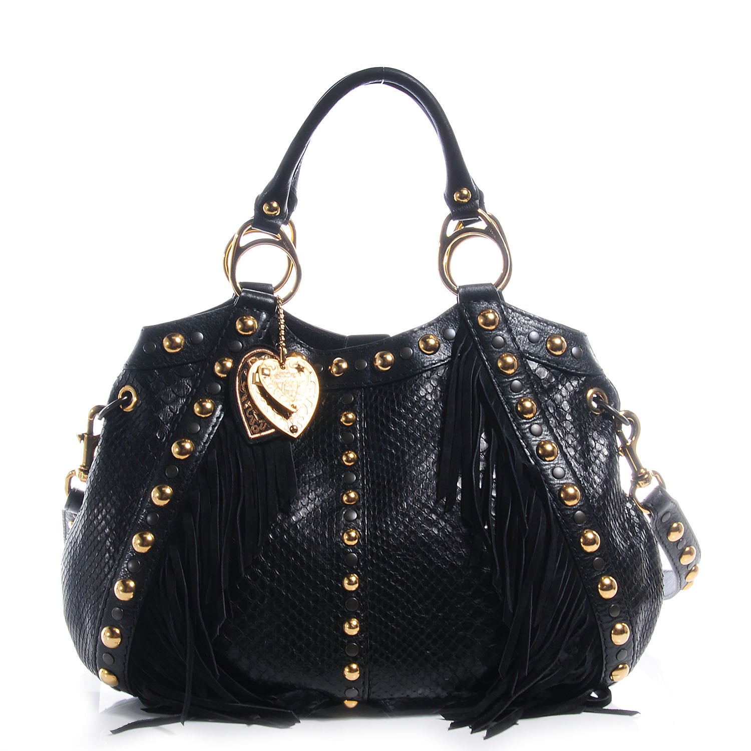 Gucci Leather Python Suede Fringe Babouska Tote Black 1 of 8