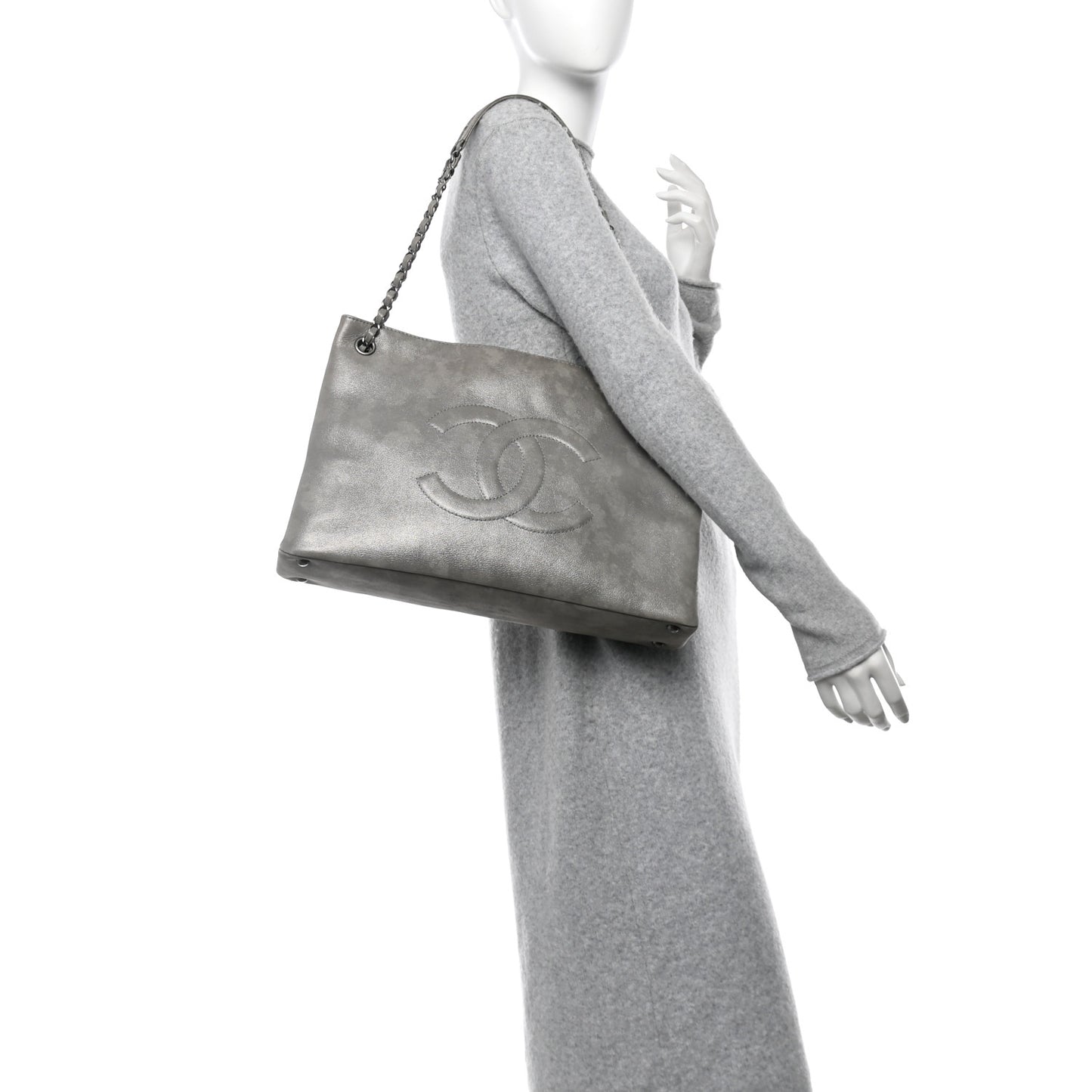 Iridescent Calfskin CC East West Shopping Tote Light Grey