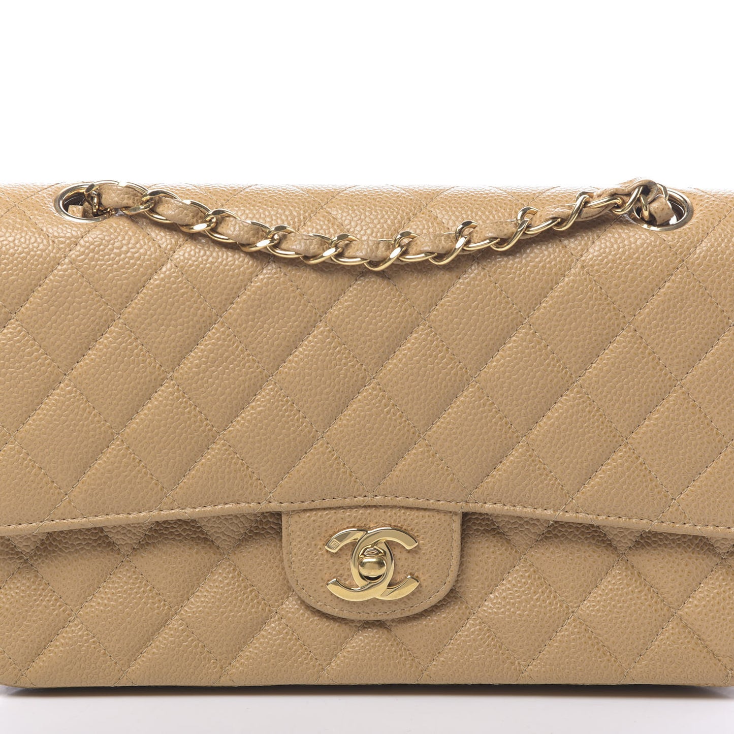 Caviar Quilted Medium Double Flap Beige