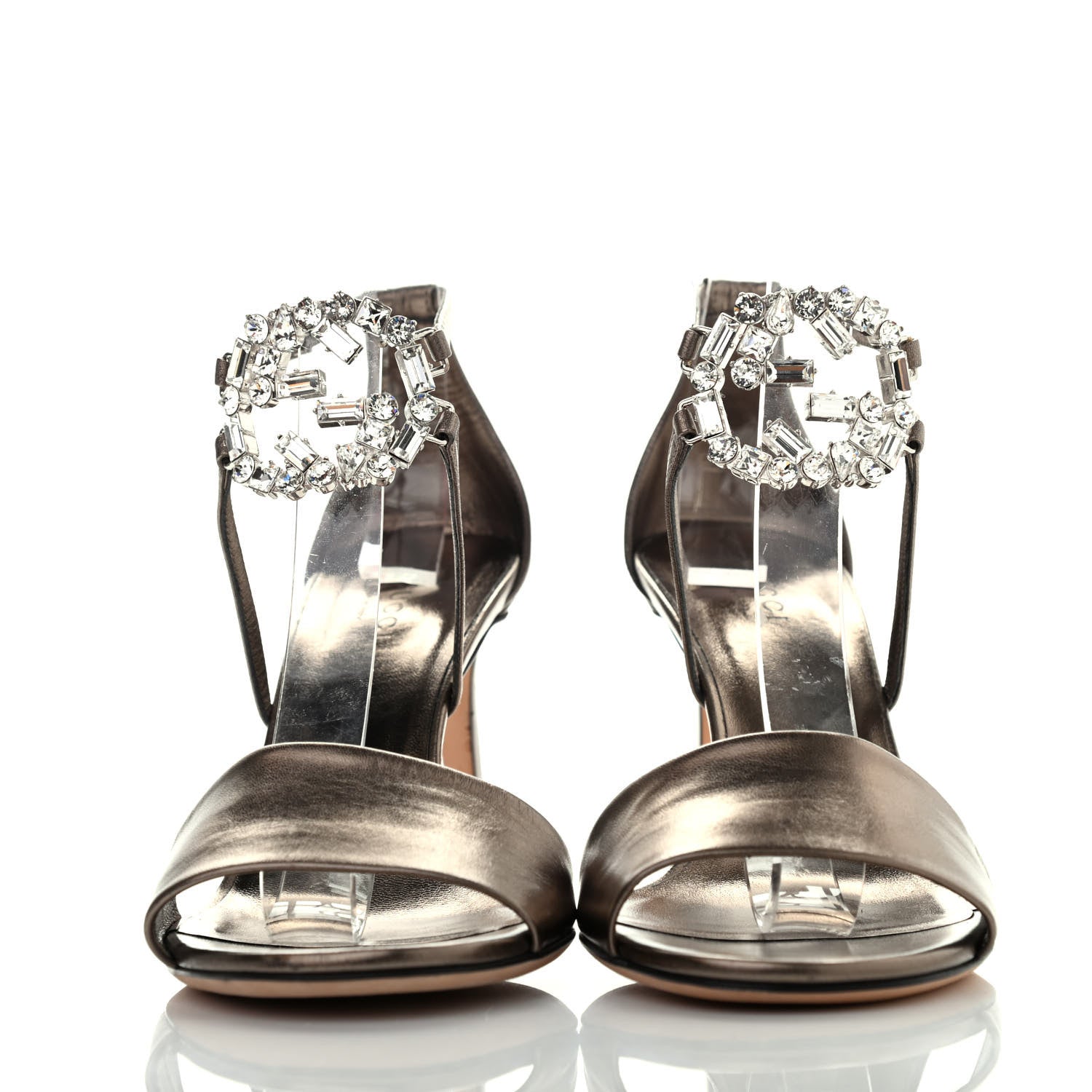 Gucci Metallic Nappa Crystal Interlocking G Ankle Strap Sandals 38.5 Copper 2 of 4