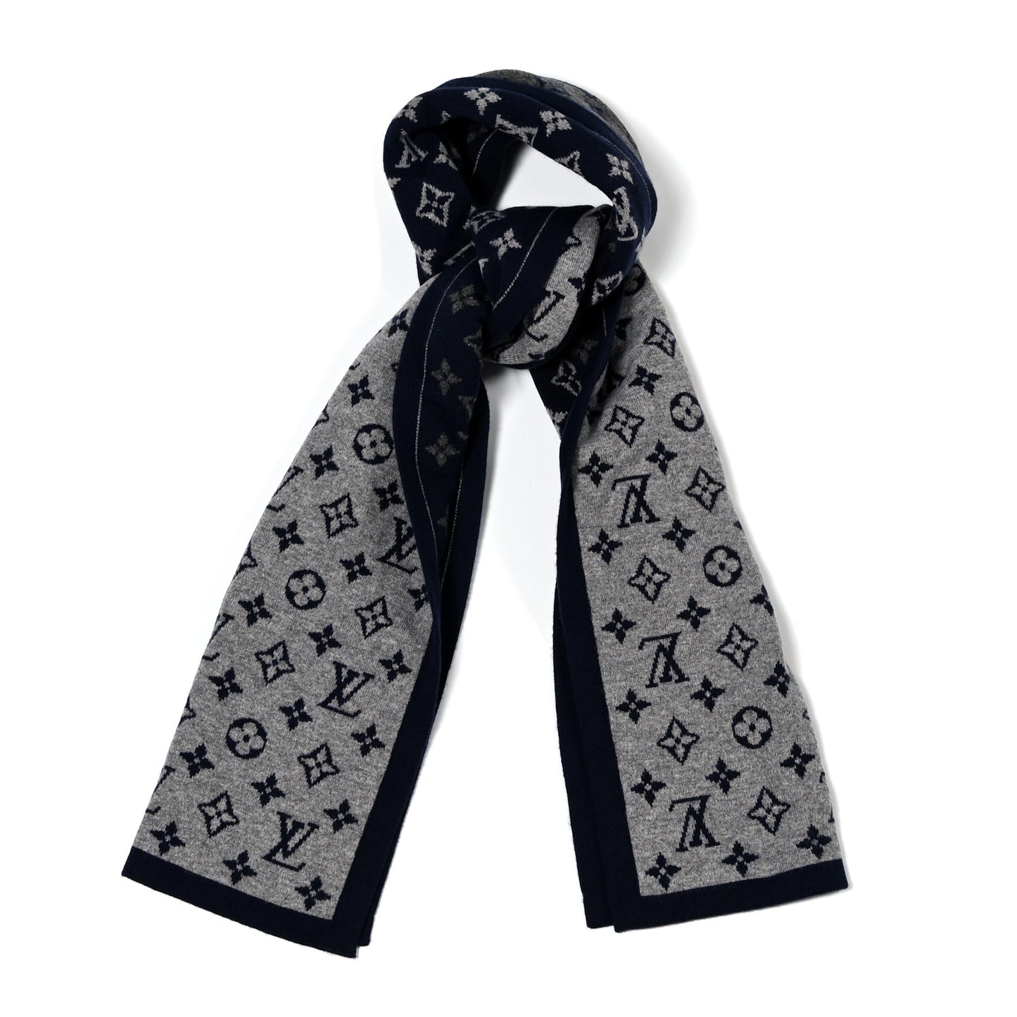 Cashmere Wool Monogram Split Scarf Navy
