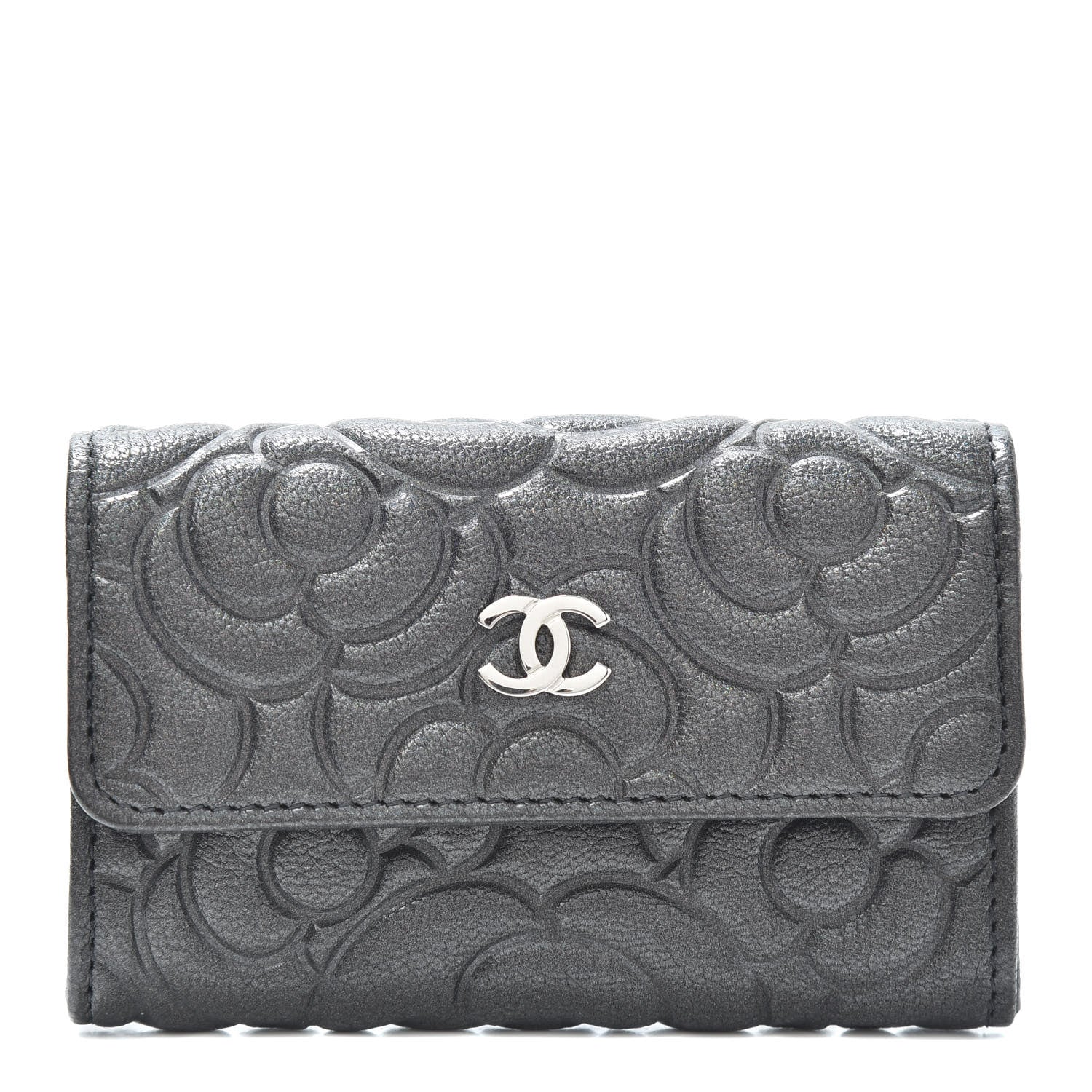 Chanel Goatskin Camellia Embossed Flap Card Holder Wallet Grey 1 of 8