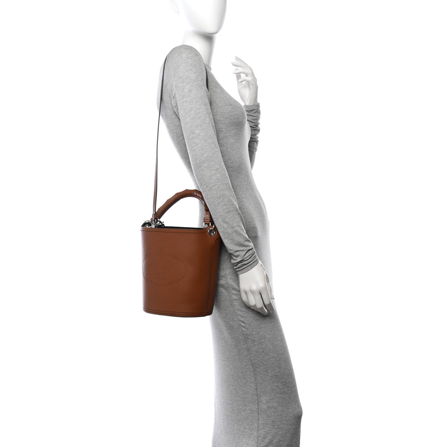 Prada City Calfskin Tambour Bucket Bag Cognac Black 2 of 11