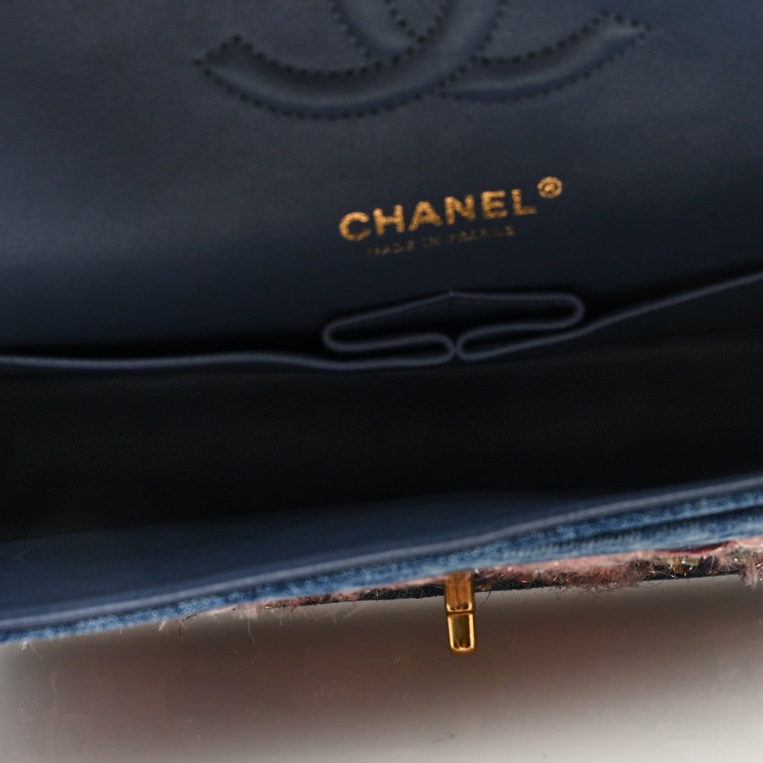 ダブル　　CHANEL Chanel Denim Tweed Quilted Medium Double Flap Blue 1407771